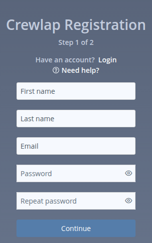Crewlap Back Office registration form